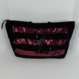 Victoria's Secret VS Logo Black Pink Striped Sequin Tote Travel Bag NWT